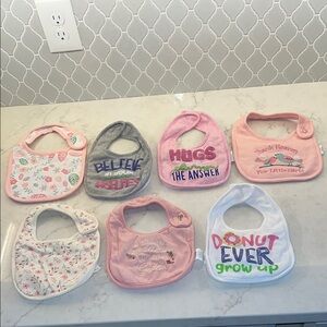 NWOT Assorted Baby Bibs Set of 7 - Pink, Gray, White - Never Used